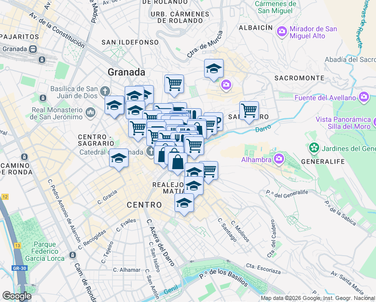 map of restaurants, bars, coffee shops, grocery stores, and more near 6 Plaza Nueva in Granada