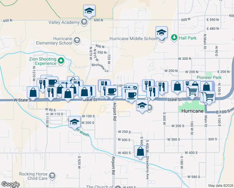 map of restaurants, bars, coffee shops, grocery stores, and more near 44 North 700 West in Hurricane