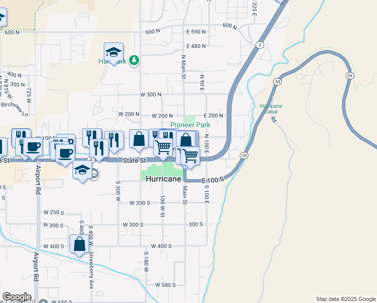 map of restaurants, bars, coffee shops, grocery stores, and more near 60 North Main Street in Hurricane