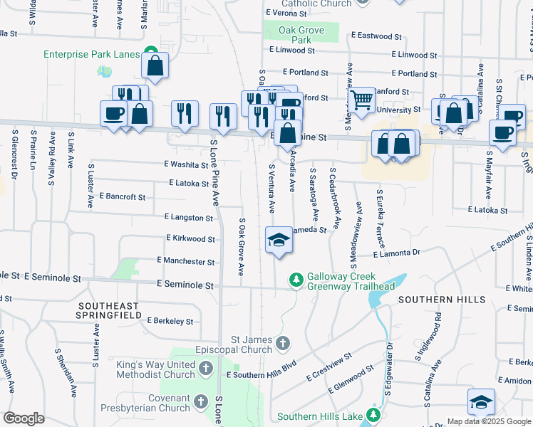 map of restaurants, bars, coffee shops, grocery stores, and more near 1972 South Oak Grove Avenue in Springfield