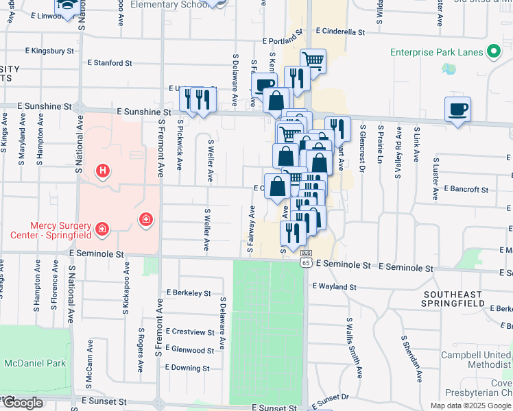 map of restaurants, bars, coffee shops, grocery stores, and more near 2014 South Fairway Avenue in Springfield