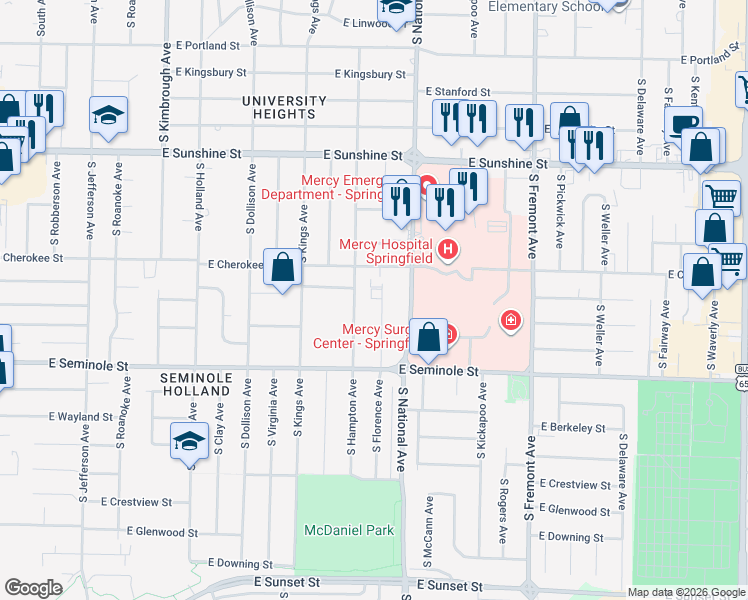 map of restaurants, bars, coffee shops, grocery stores, and more near 2014 South Hampton Avenue in Springfield