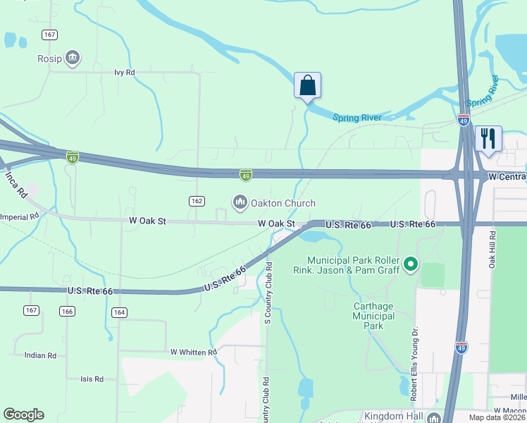 map of restaurants, bars, coffee shops, grocery stores, and more near Owe Ln in Carthage
