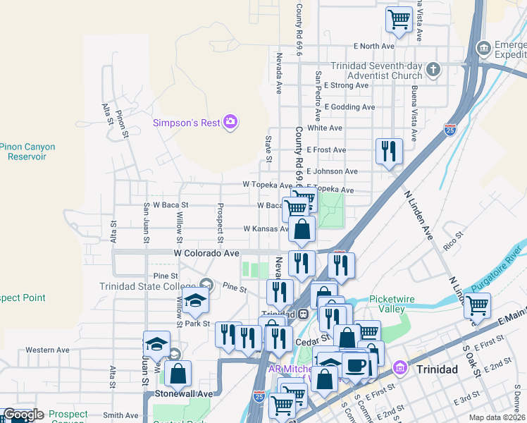 map of restaurants, bars, coffee shops, grocery stores, and more near 213 West Baca Street in Trinidad