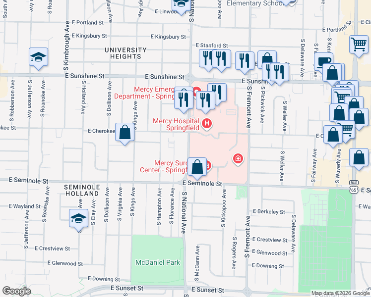 map of restaurants, bars, coffee shops, grocery stores, and more near 2021 South National Avenue in Springfield
