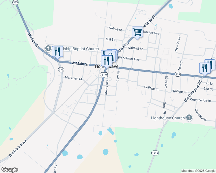 map of restaurants, bars, coffee shops, grocery stores, and more near 120 Cave Street in Horse Cave