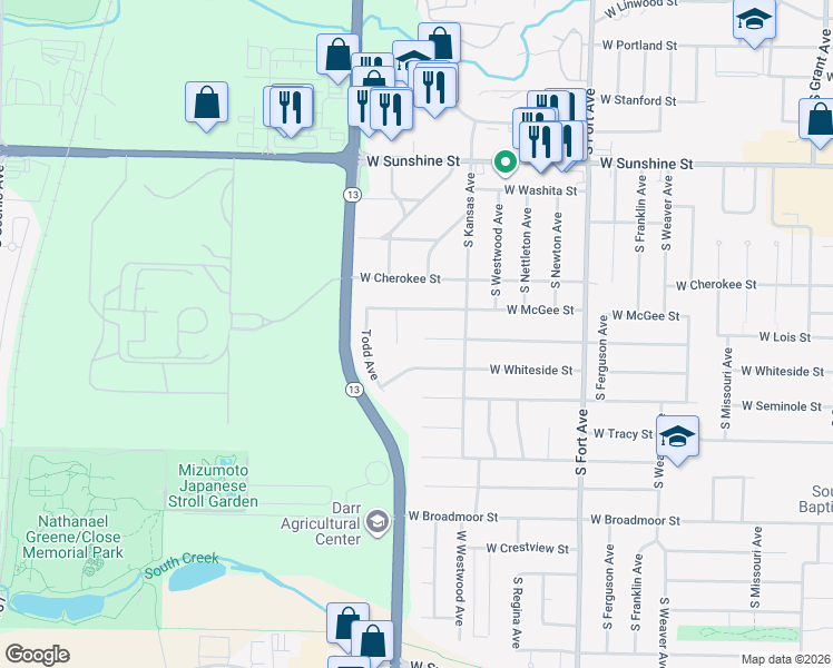 map of restaurants, bars, coffee shops, grocery stores, and more near 1642 West McGee Street in Springfield