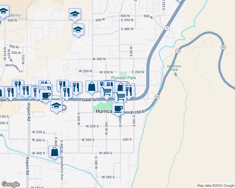 map of restaurants, bars, coffee shops, grocery stores, and more near 39 North Main Street in Hurricane