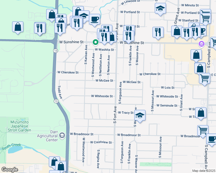 map of restaurants, bars, coffee shops, grocery stores, and more near 1420 West McGee Street in Springfield