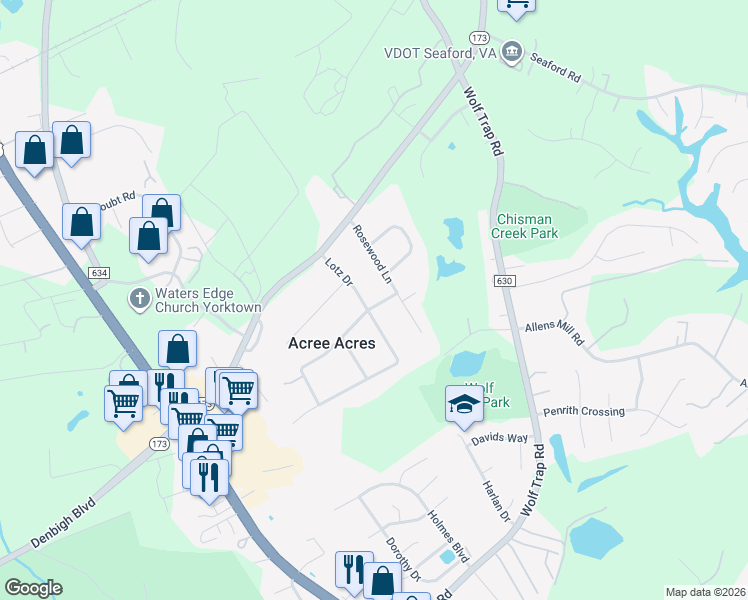 map of restaurants, bars, coffee shops, grocery stores, and more near 205 Lotz Drive in Yorktown