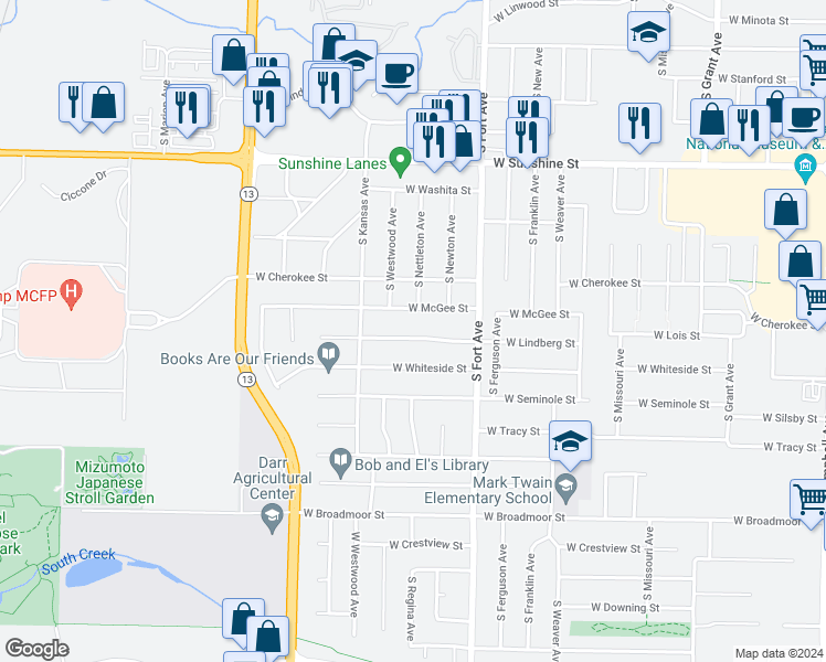 map of restaurants, bars, coffee shops, grocery stores, and more near 1447 West Lindberg Street in Springfield