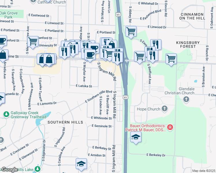 map of restaurants, bars, coffee shops, grocery stores, and more near 1925 South Ingram Mill Road in Springfield