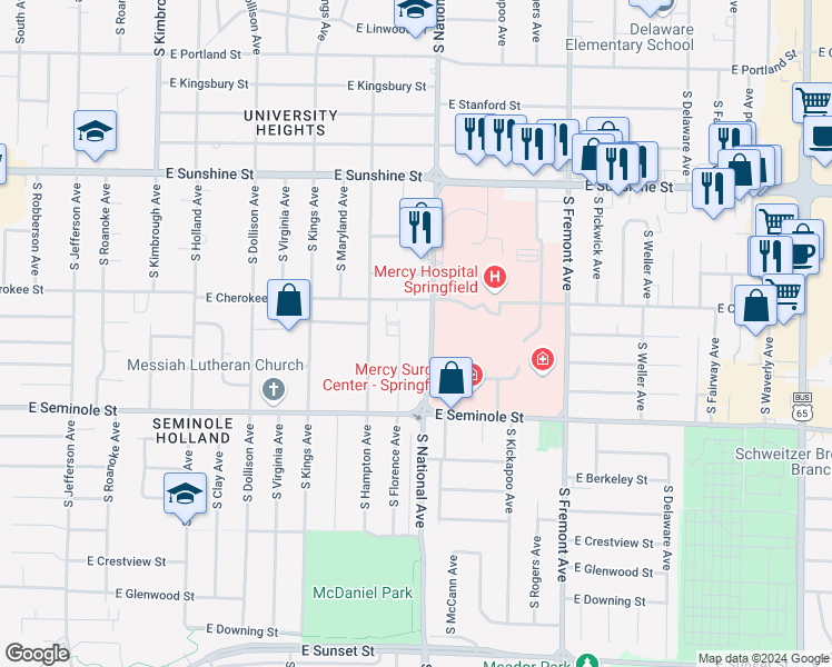 map of restaurants, bars, coffee shops, grocery stores, and more near 2021 South National Avenue in Springfield