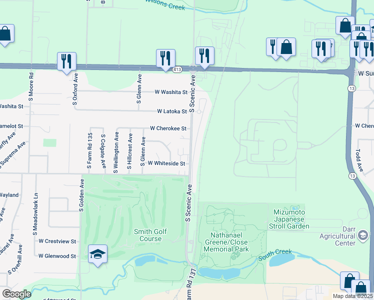 map of restaurants, bars, coffee shops, grocery stores, and more near 2063 South Farm Road 137 in Springfield