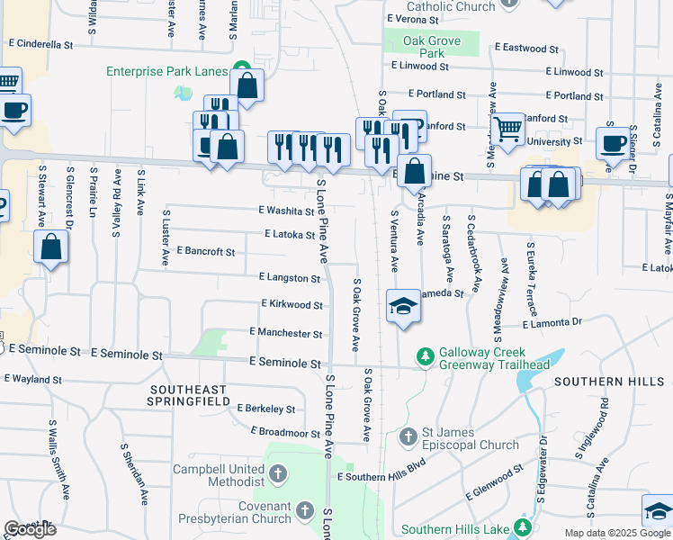 map of restaurants, bars, coffee shops, grocery stores, and more near 2519 East Cherokee Street in Springfield