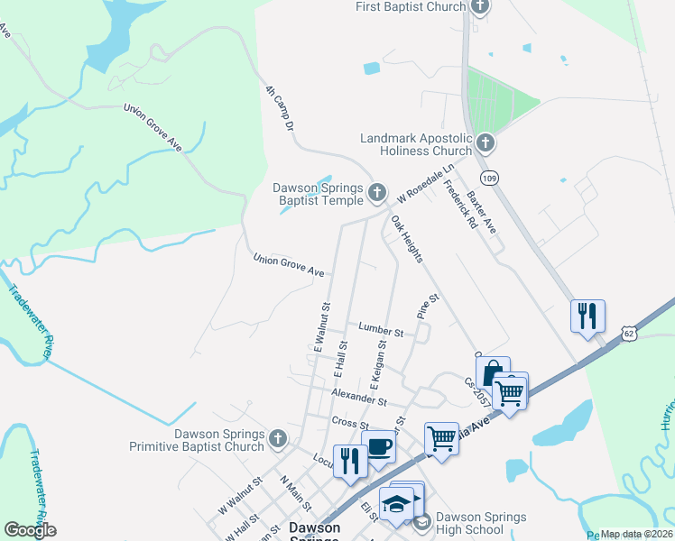 map of restaurants, bars, coffee shops, grocery stores, and more near 802 East Walnut Street in Dawson Springs
