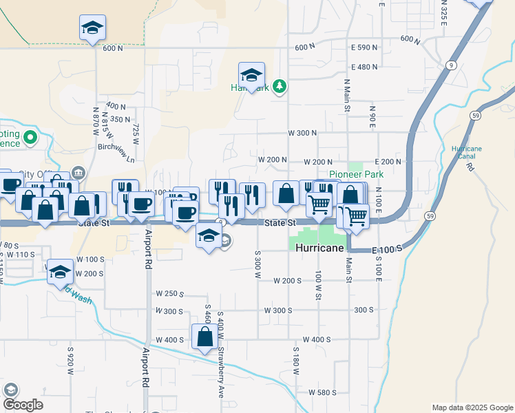 map of restaurants, bars, coffee shops, grocery stores, and more near 50 300 West in Hurricane