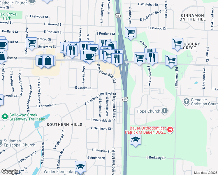map of restaurants, bars, coffee shops, grocery stores, and more near 1925 South Ingram Mill Road in Springfield