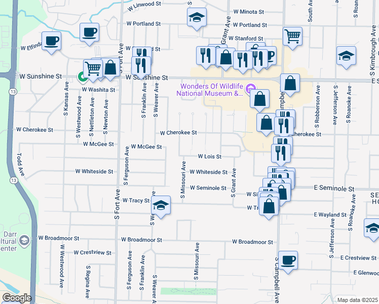 map of restaurants, bars, coffee shops, grocery stores, and more near 859 West Lois Street in Springfield