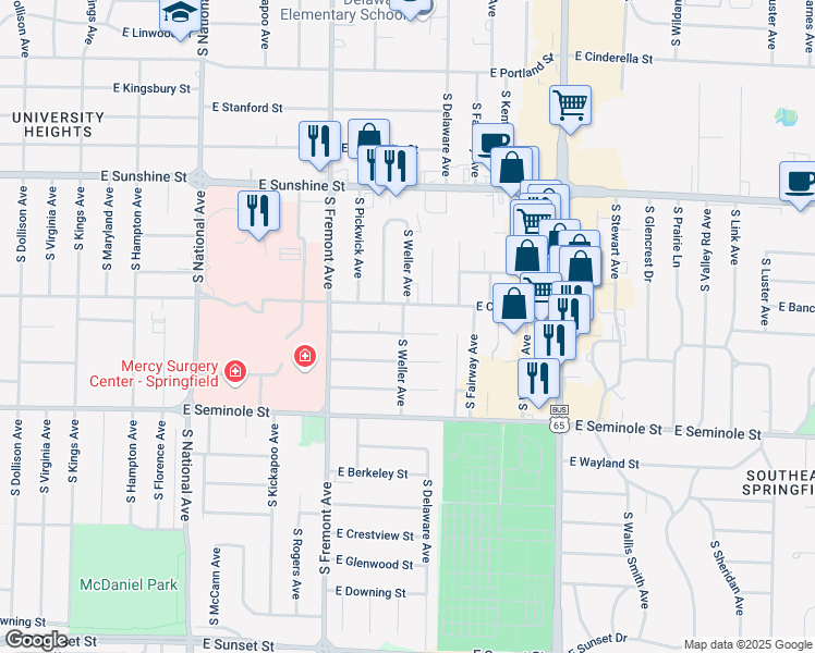 map of restaurants, bars, coffee shops, grocery stores, and more near 2020 South Weller Avenue in Springfield