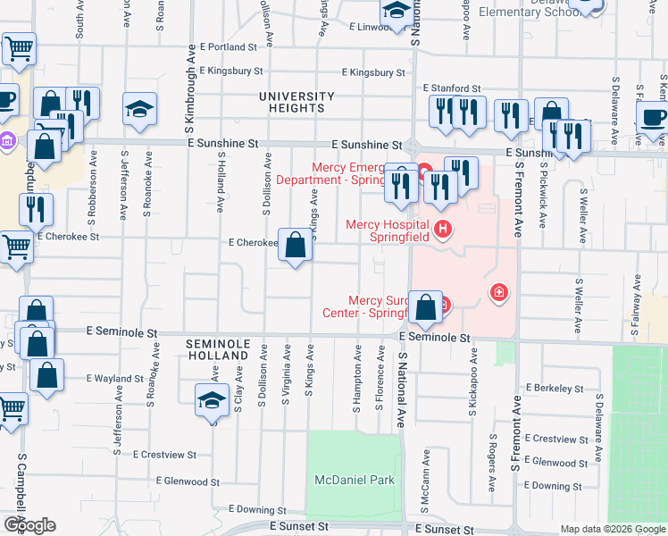 map of restaurants, bars, coffee shops, grocery stores, and more near 1026 East Mcgee Street in Springfield