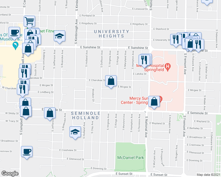 map of restaurants, bars, coffee shops, grocery stores, and more near 1513 East Mcgee Street in Springfield