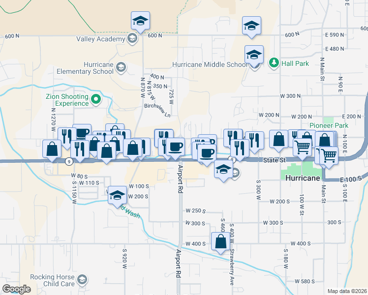 map of restaurants, bars, coffee shops, grocery stores, and more near 77 North 700 West in Hurricane