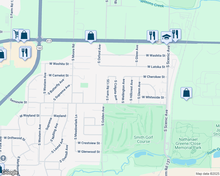 map of restaurants, bars, coffee shops, grocery stores, and more near 2000-2198 South Farm Road 135 in Springfield