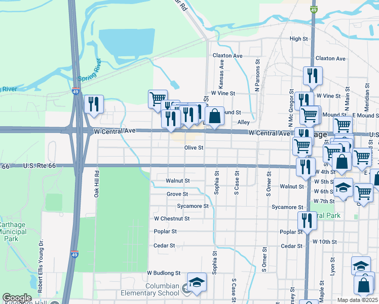 map of restaurants, bars, coffee shops, grocery stores, and more near 200-298 Center Street in Carthage