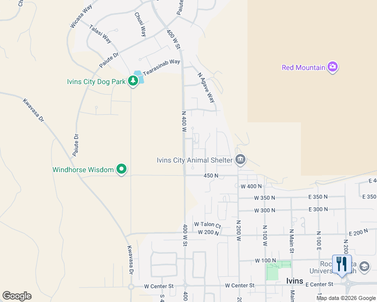 map of restaurants, bars, coffee shops, grocery stores, and more near 539 North Bur Sage Trail in Ivins