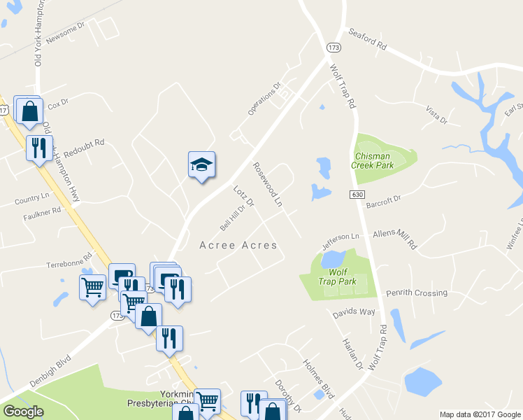 map of restaurants, bars, coffee shops, grocery stores, and more near 205 Lotz Drive in Yorktown