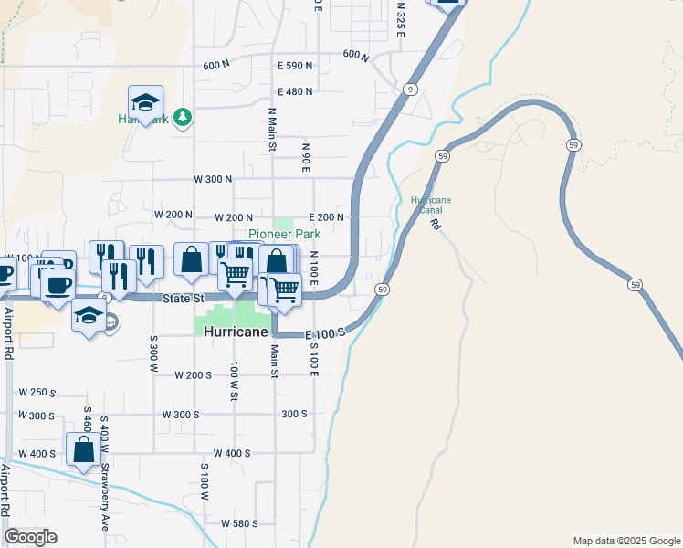 map of restaurants, bars, coffee shops, grocery stores, and more near 57 North State Street in Hurricane