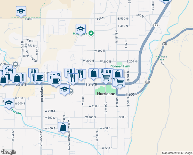 map of restaurants, bars, coffee shops, grocery stores, and more near 75 N 200 W in Hurricane