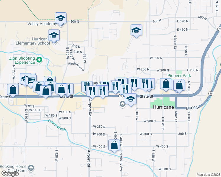 map of restaurants, bars, coffee shops, grocery stores, and more near 68 N 520 W in Hurricane