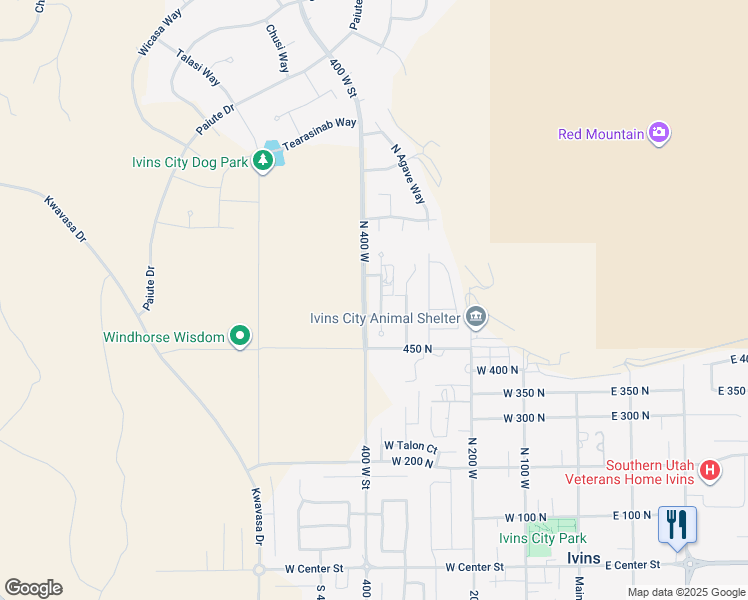 map of restaurants, bars, coffee shops, grocery stores, and more near 539 North Bur Sage Trail in Ivins