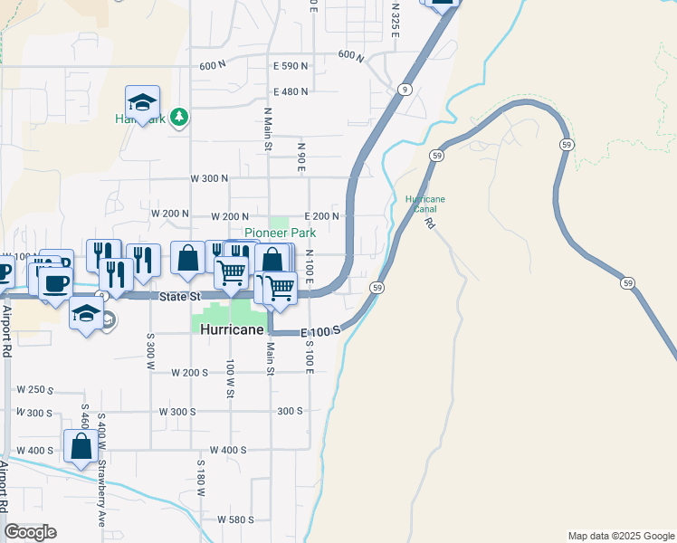 map of restaurants, bars, coffee shops, grocery stores, and more near 57 North State Street in Hurricane
