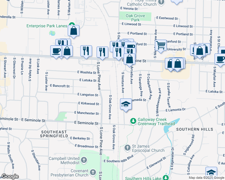 map of restaurants, bars, coffee shops, grocery stores, and more near 1972 South Oak Grove Avenue in Springfield
