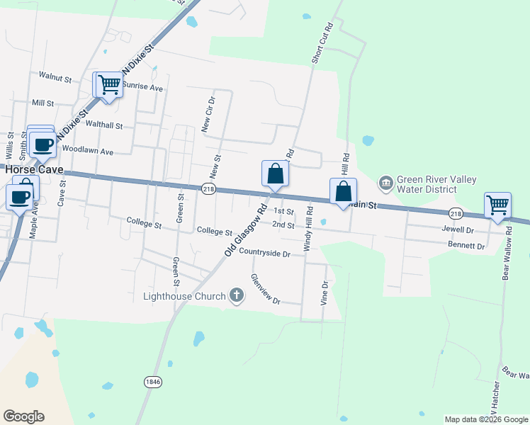 map of restaurants, bars, coffee shops, grocery stores, and more near 105 1st St in Horse Cave