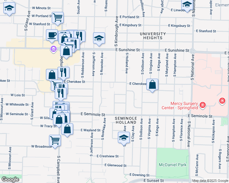 map of restaurants, bars, coffee shops, grocery stores, and more near 2001 South Kimbrough Avenue in Springfield