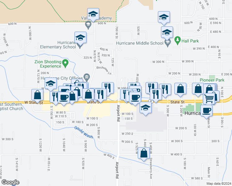 map of restaurants, bars, coffee shops, grocery stores, and more near 77 North 700 West in Hurricane
