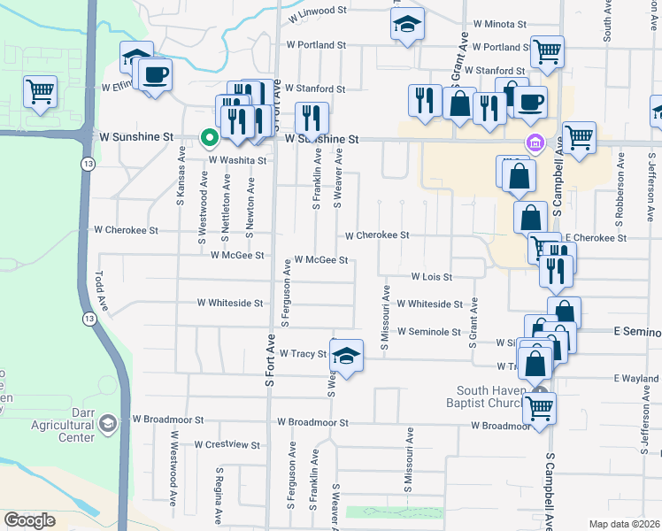 map of restaurants, bars, coffee shops, grocery stores, and more near 1106 West McGee Street in Springfield