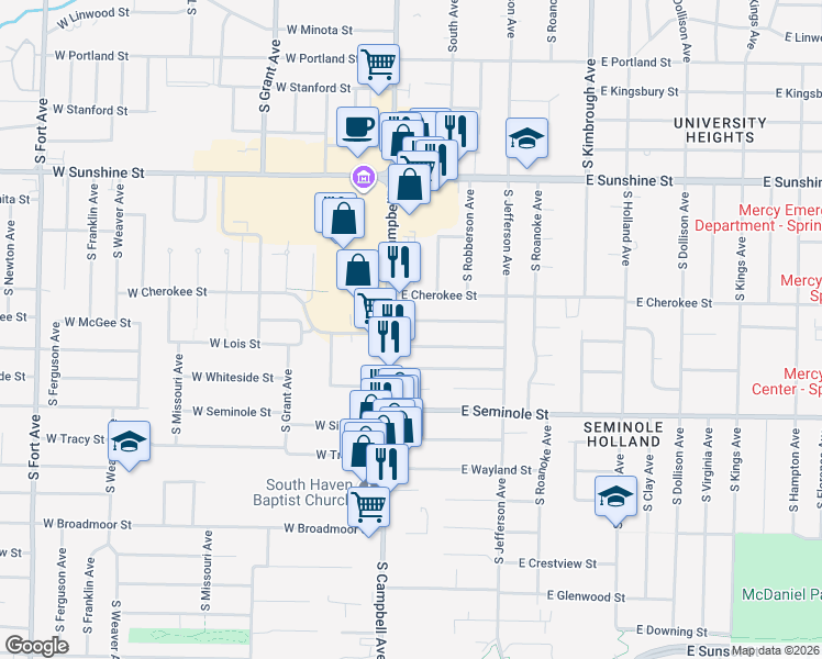 map of restaurants, bars, coffee shops, grocery stores, and more near 230 West McGee Street in Springfield