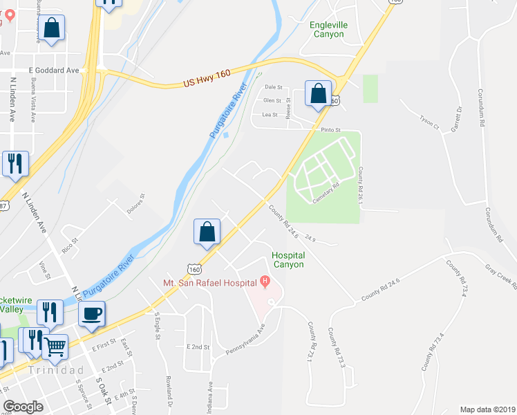 map of restaurants, bars, coffee shops, grocery stores, and more near East Main Street in Trinidad