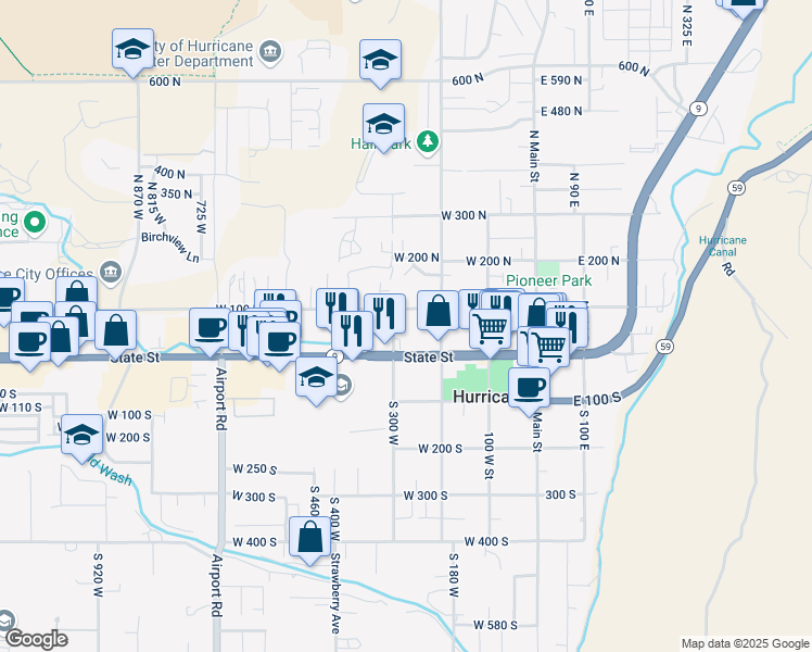 map of restaurants, bars, coffee shops, grocery stores, and more near 50 300 West in Hurricane