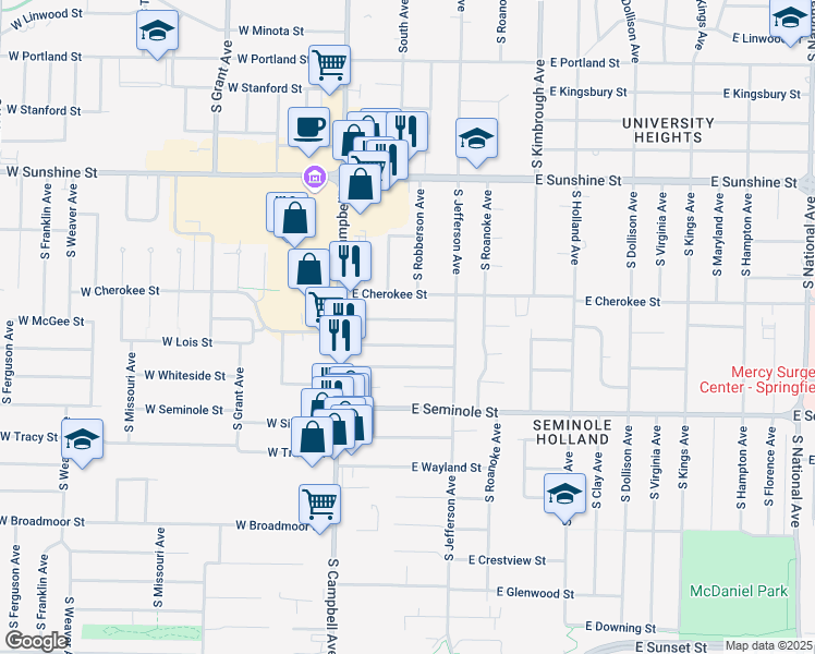map of restaurants, bars, coffee shops, grocery stores, and more near 206 East Mcgee Street in Springfield