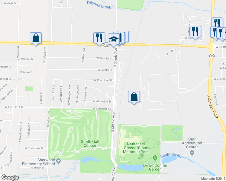 map of restaurants, bars, coffee shops, grocery stores, and more near 2063 South Farm Road 137 in Springfield