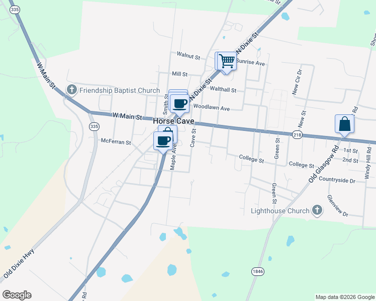 map of restaurants, bars, coffee shops, grocery stores, and more near 120 Cave Street in Horse Cave