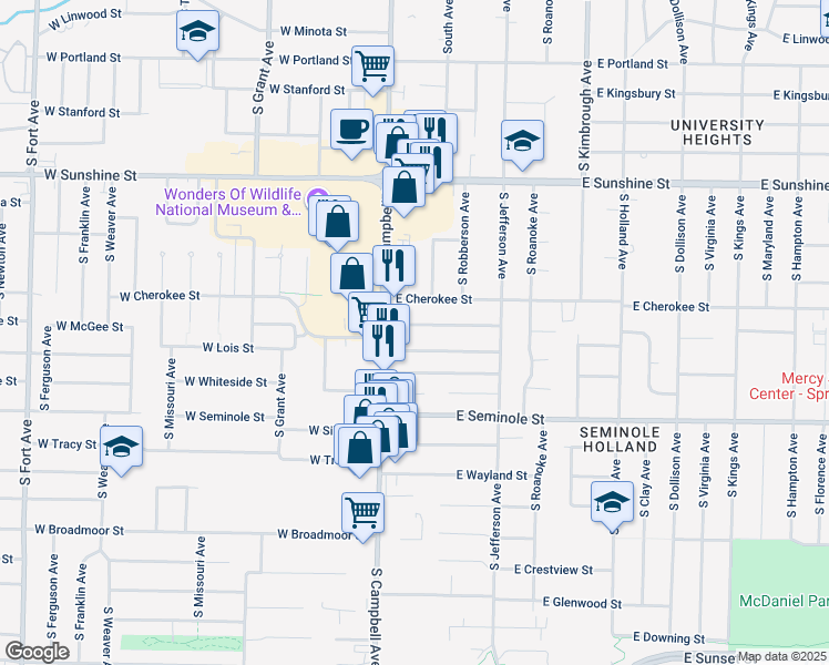 map of restaurants, bars, coffee shops, grocery stores, and more near 230 West McGee Street in Springfield