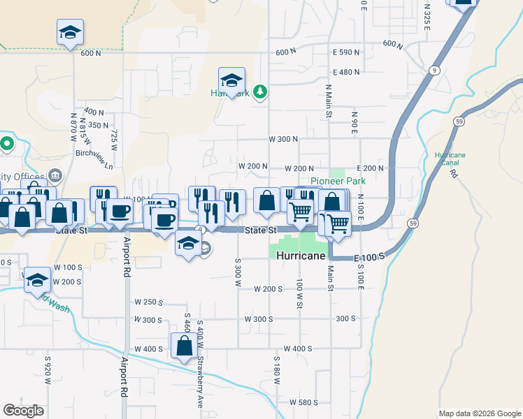 map of restaurants, bars, coffee shops, grocery stores, and more near 75 North 200 West in Hurricane