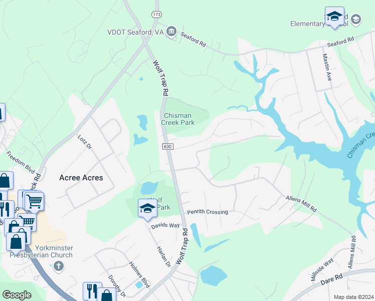 map of restaurants, bars, coffee shops, grocery stores, and more near 105 Barcroft Drive in Yorktown